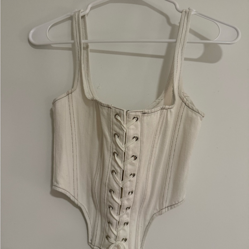White Fox Boutique Cream Lace-Up Crop Top